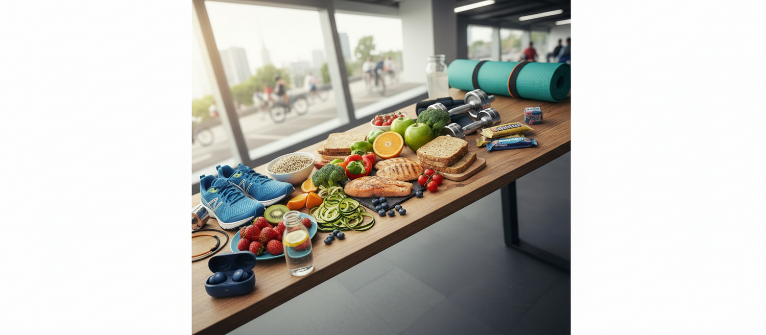 Maak een afbeelding waarin gezonde voeding en sport centraal staan